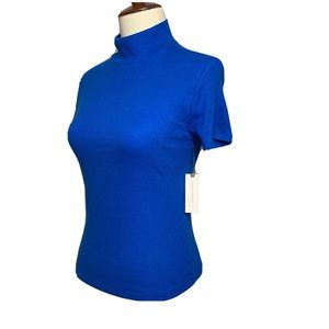 MAEVE Anthropologie Blue Short Sleeve Ribbed Mock Neck Top Tee NWT $48 Size XS